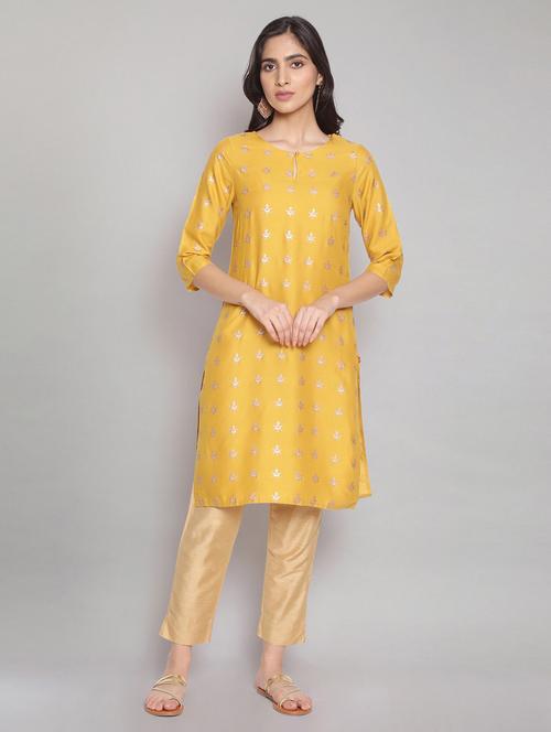 yellow viscose straight kurta - 18204872 - Very Small Image - 1