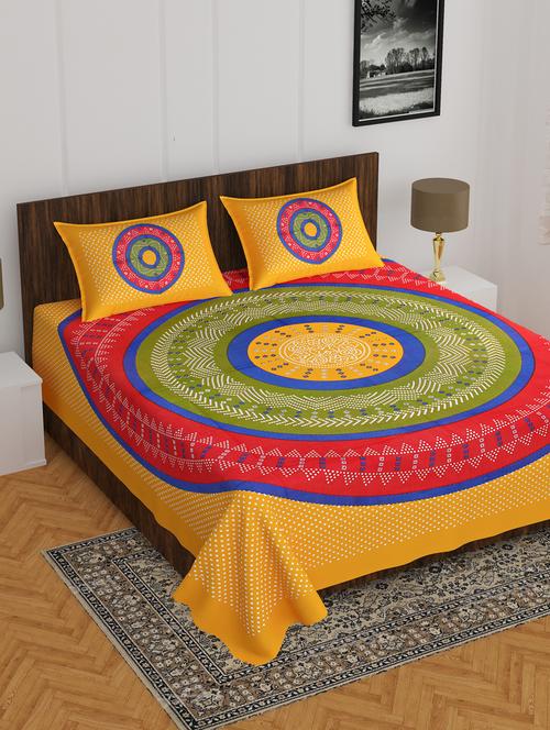 divamee jaipuri print cotton double bedsheet with 2 pillow covers -color resistance - 18210187 - Very Small Image - 1