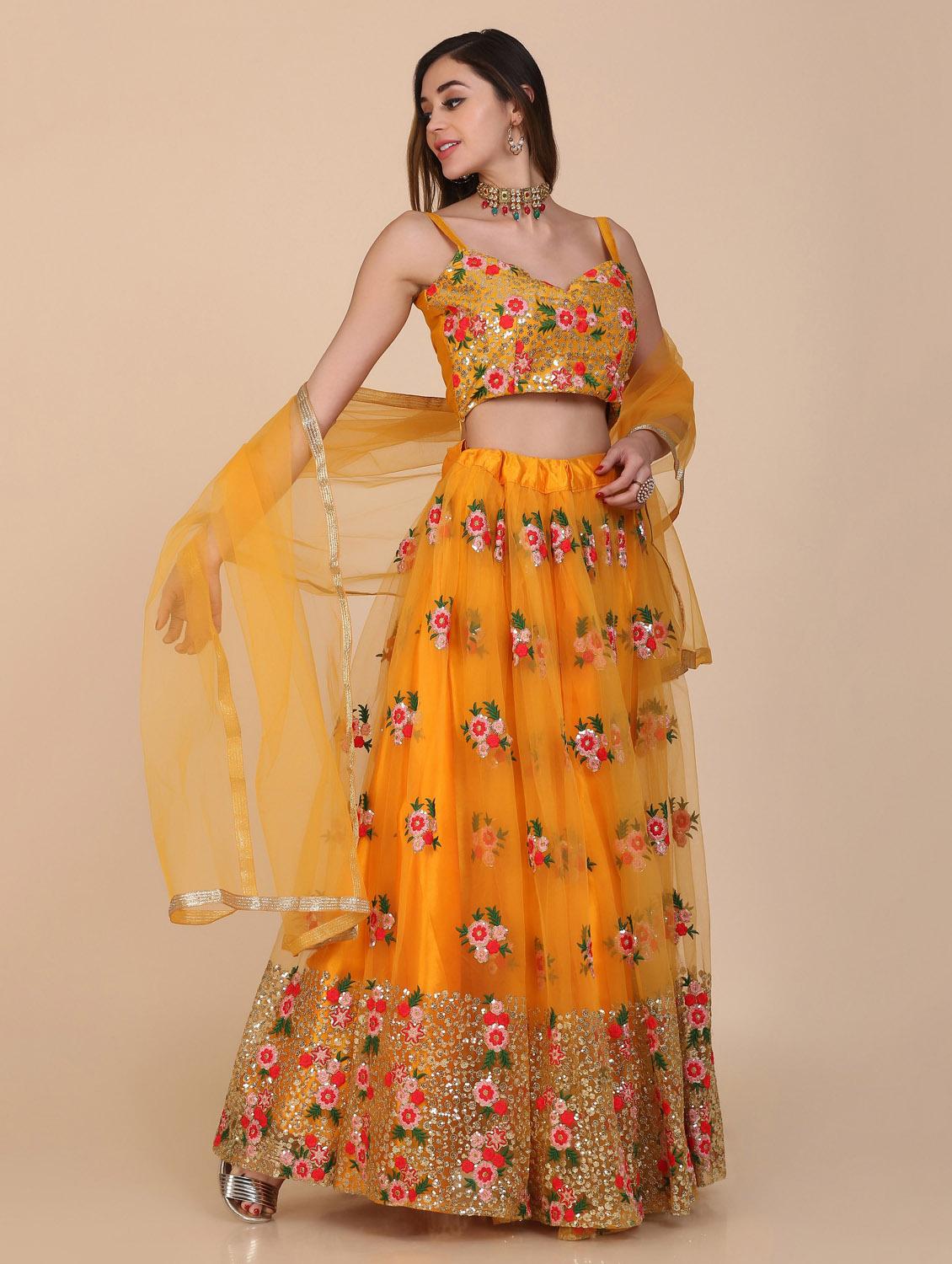 mustard net flared lehenga - 18210846 - Standard Image - 2