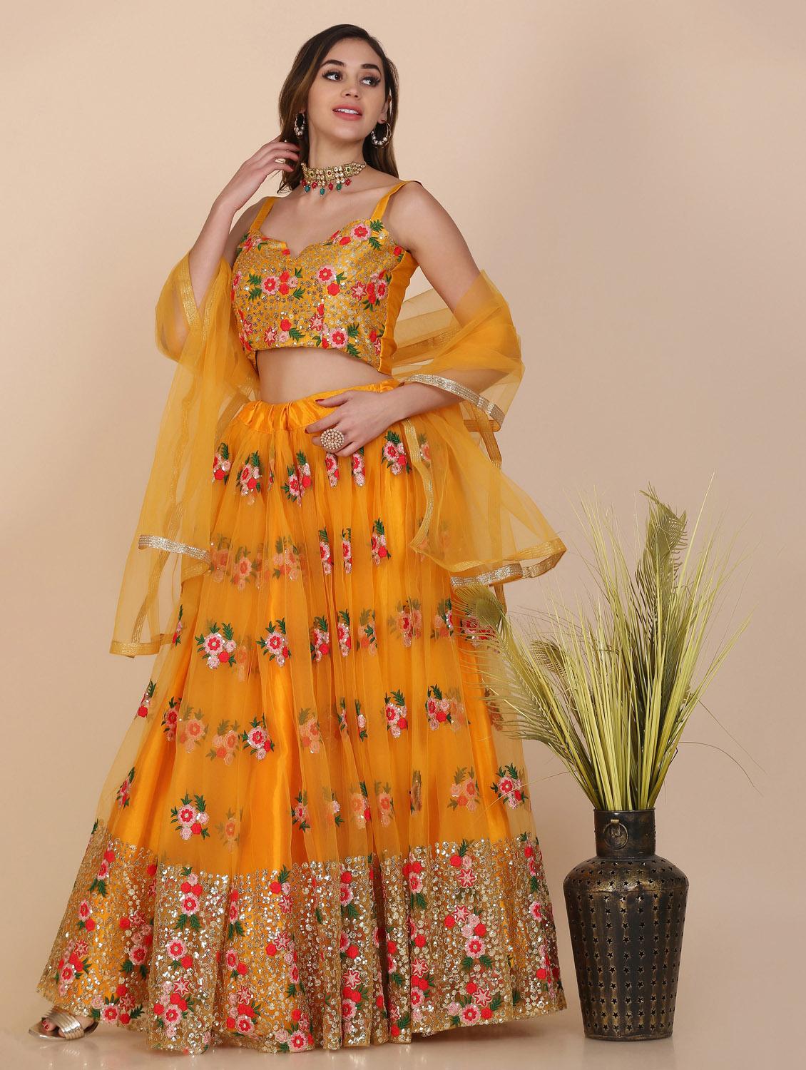 mustard net flared lehenga - 18210846 - Zoom Image - 4