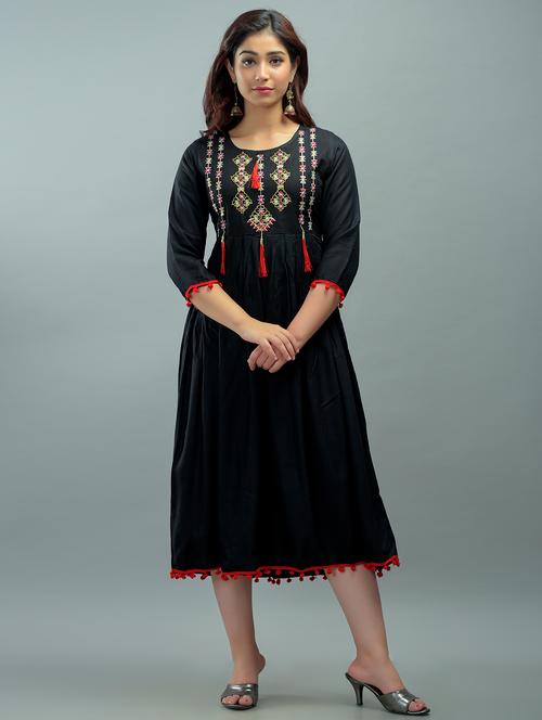black rayon flared ethnic dress - 18212597 - Very Small Image - 1