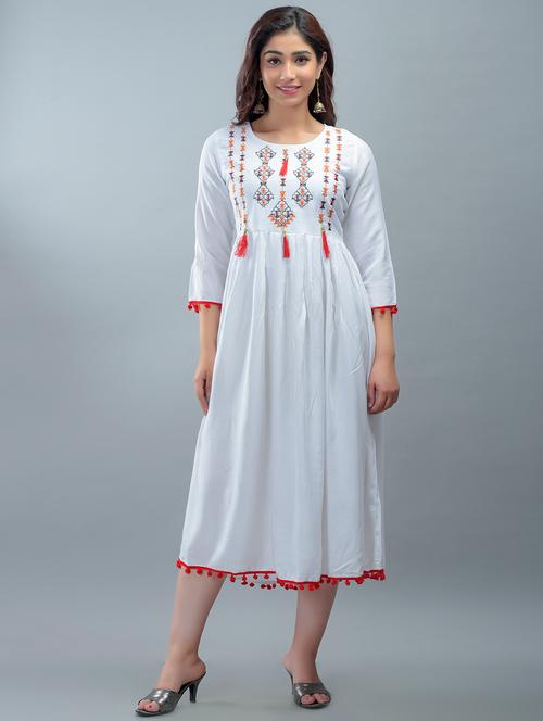 white rayon flared ethnic dress - 18212598 - Very Small Image - 1