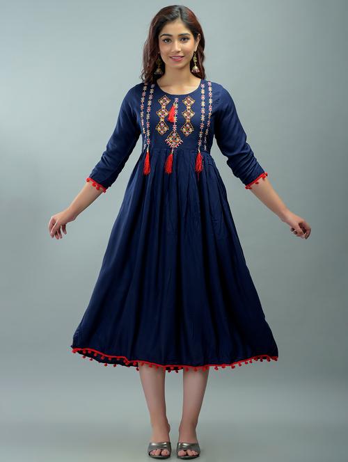navy blue rayon flared ethnic dress - 18212599 - Very Small Image - 1