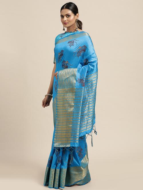 women's self design blue colored saree with blouse - 18212852 - Very Small Image - 1