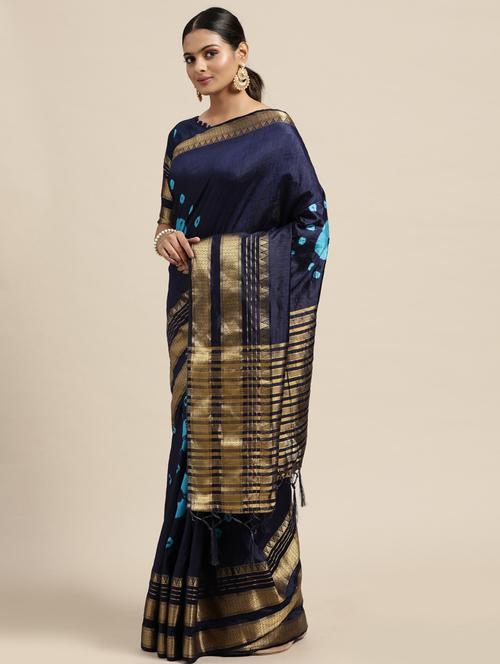 women's self design navy blue colored saree with blouse - 18212862 - Very Small Image - 1