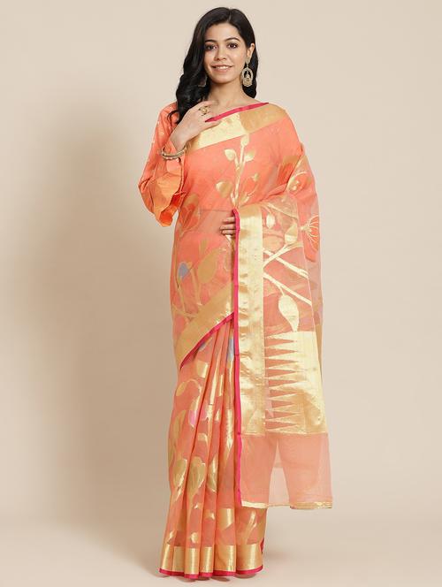 women's self design peach colored saree with blouse - 18212966 - Very Small Image - 1
