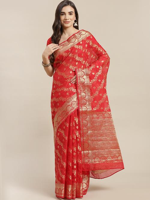 red silk blend jamdani saree with blouse - 18212981 - Very Small Image - 1