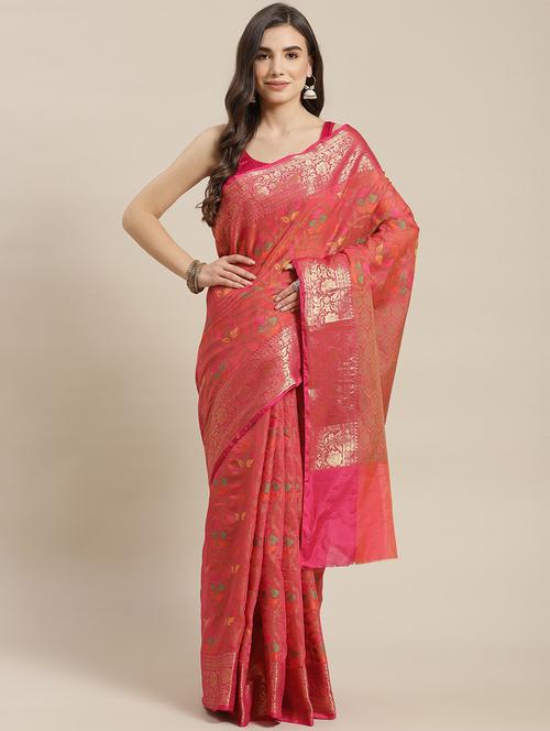 pink silk blend jamdani saree with blouse - 18212987 - Very Small Image - 1