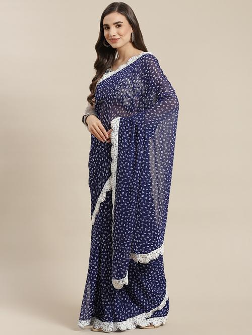 Women's Bandhani Navy Blue Colored Saree With Blouse - 18212995 - Very Small Image - 1