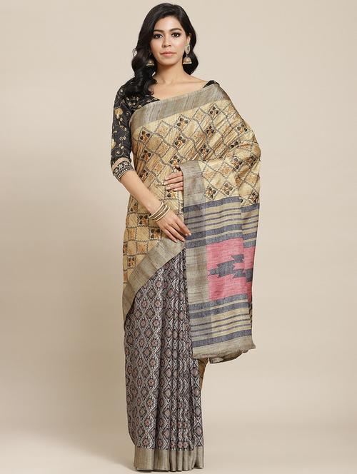 Beige Jute Silk Tussar Saree With Blouse - 18213022 - Very Small Image - 1