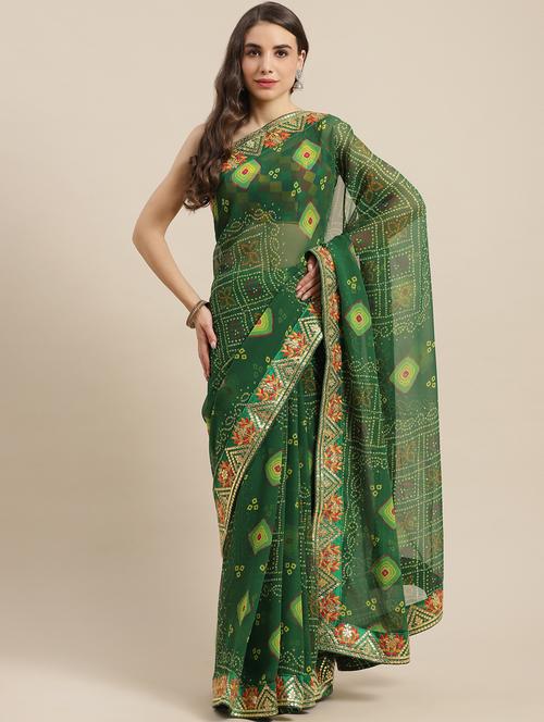 Women's Self Design Dark Green Colored Saree With Blouse - 18213039 - Very Small Image - 1