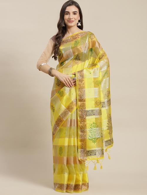 yellow tissue printed saree with blouse - 18213058 - Very Small Image - 1