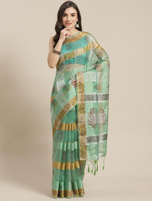 women's floral light green colored saree with blouse - 18213060 - Very Small Image - 1