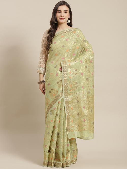 green silk blend jamdani saree with blouse - 18213062 - Very Small Image - 1