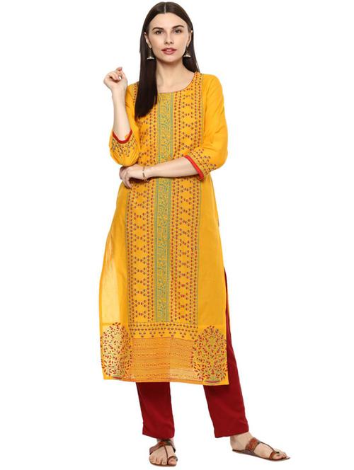 yellow printed straight kurta - 18213209 - Very Small Image - 1