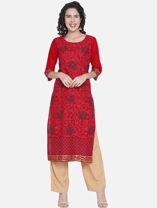 red cotton straight kurta - 18213305 - Very Small Image - 1
