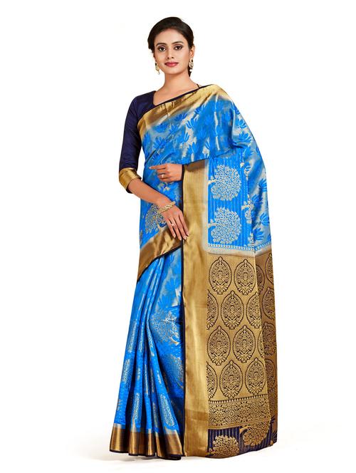 women's self design blue colored saree with blouse - 18214593 - Very Small Image - 1