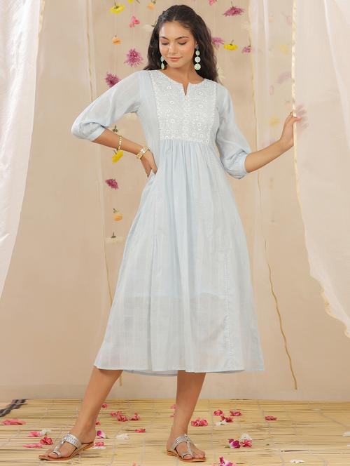 light blue cotton blend aline ethnic dress - 18215761 - Very Small Image - 1