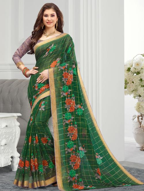 women's checks green colored saree with blouse - 18215856 - Very Small Image - 1