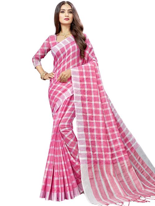 women's checks pink colored saree with blouse - 18215901 - Very Small Image - 1