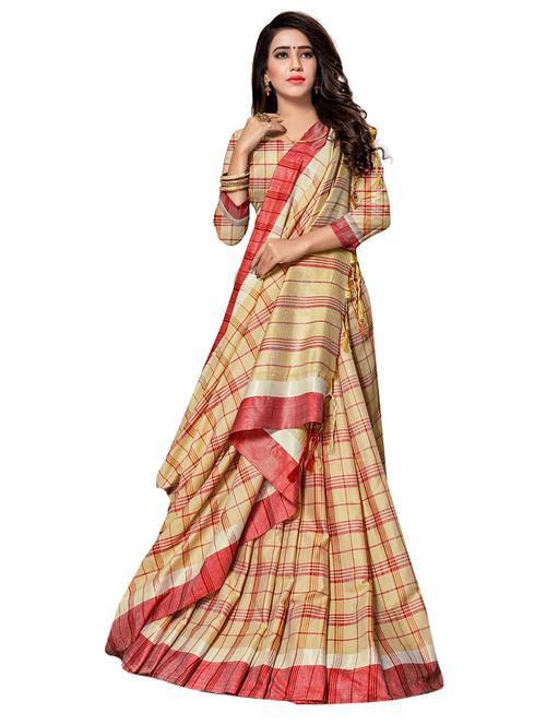 women's checks beige colored saree with blouse - 18215903 - Very Small Image - 1