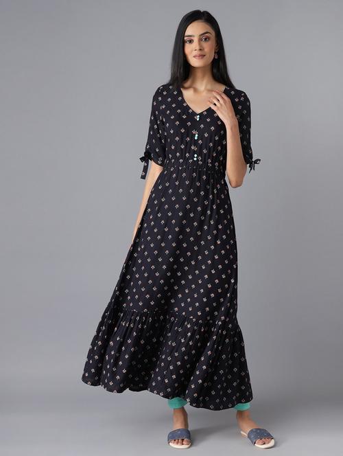 black printed fit & flare ethnic dress - 18216509 - Very Small Image - 1