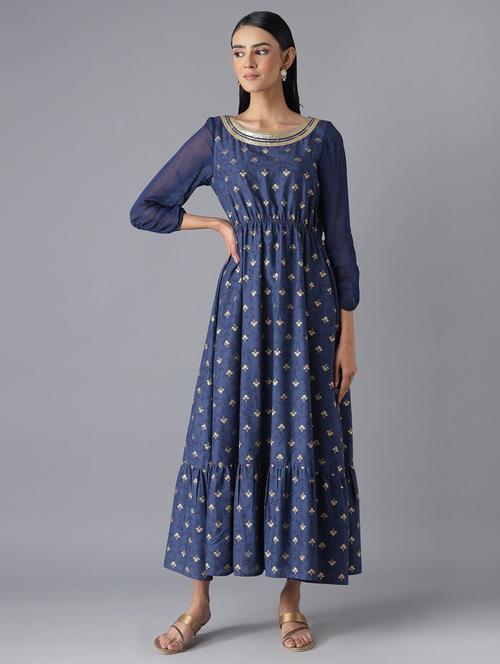 blue printed flared ethnic dress - 18216517 - Very Small Image - 1
