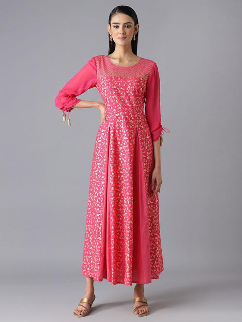 pink printed flared ethnic dress - 18216519 - Very Small Image - 1