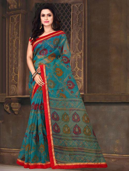 women's printed teal colored saree - 18216824 - Very Small Image - 1