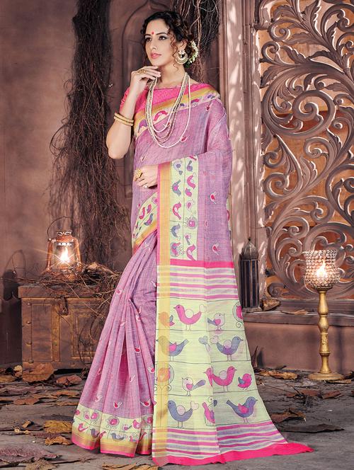 Women's Printed Lavender Colored Saree With Blouse - 18216827 - Very Small Image - 1