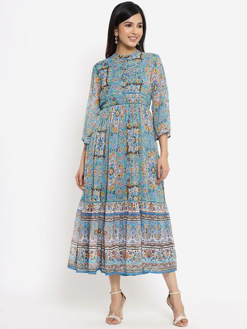 light blue printed tiered ethnic dress - 18217103 - Very Small Image - 1