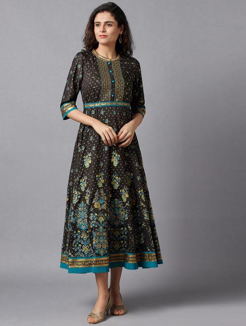 black printed fit & flare ethnic dress - 18217621 - Very Small Image - 1