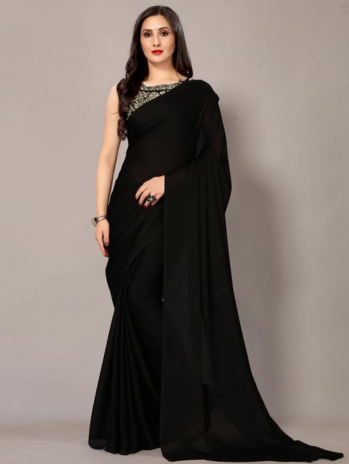 black satin plain saree with blouse - 18217736 - Very Small Image - 1