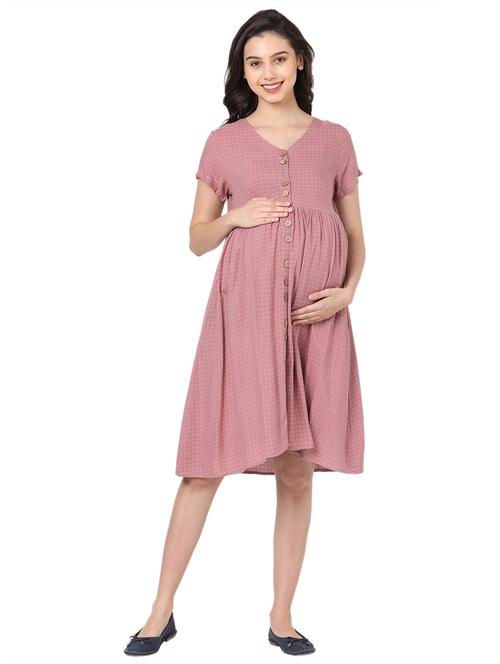 v-neck checkered maternity wear dress - 18219190 - Very Small Image - 1