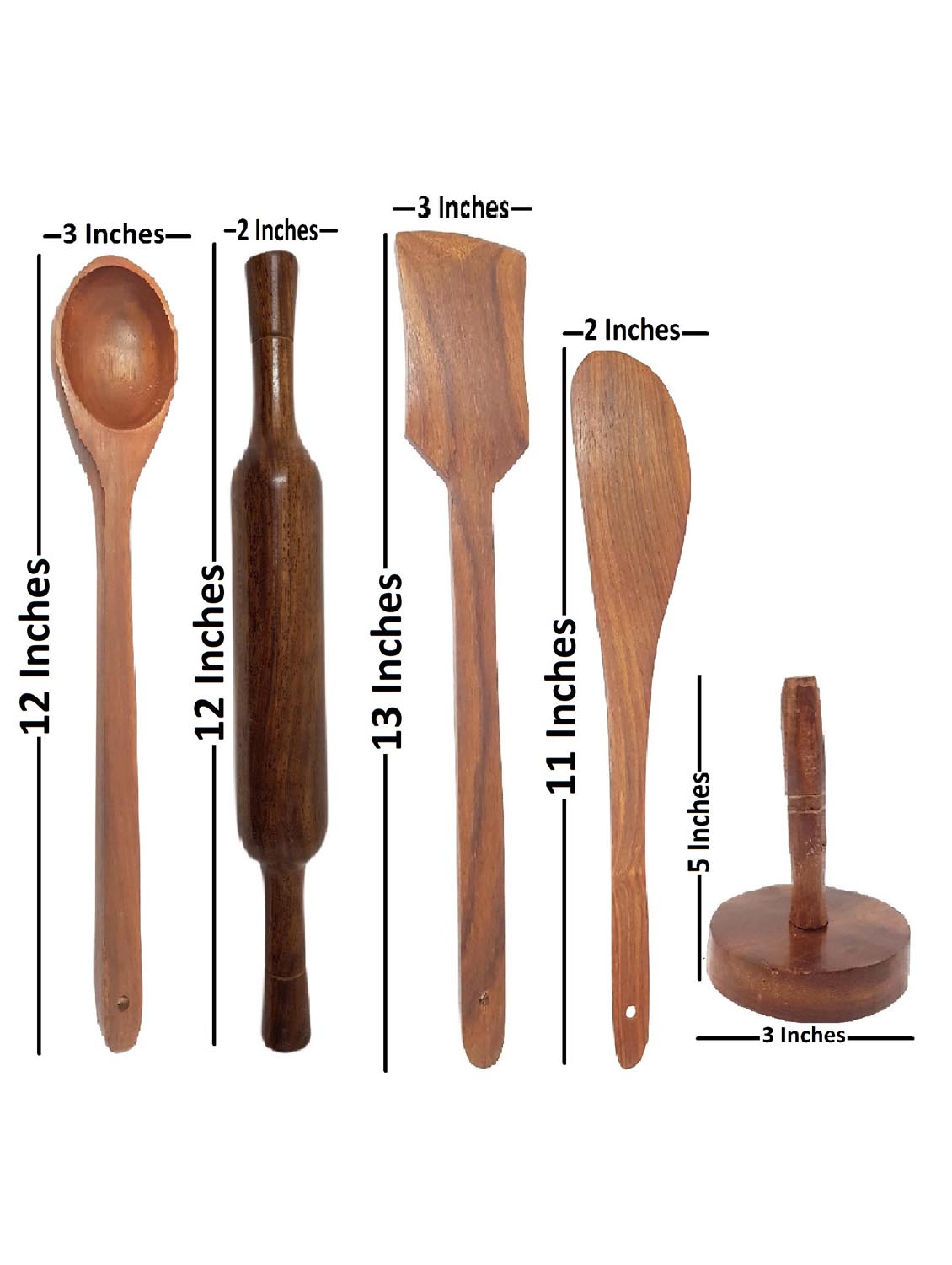 buzykart® wooden spoon set 1 frying, 1 serving, 1 masher, 1 chapati roller, 1 grinder 1 kitchen ware spoon - 18219320 - Standard Image - 2