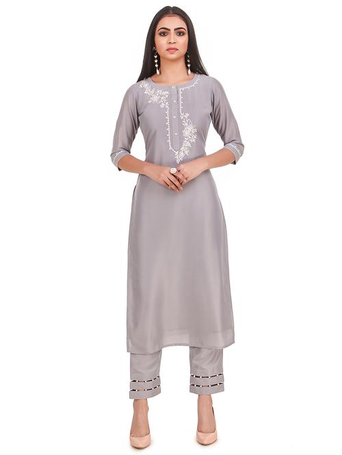 grey art silk kurta pant  set - 18221359 - Very Small Image - 1