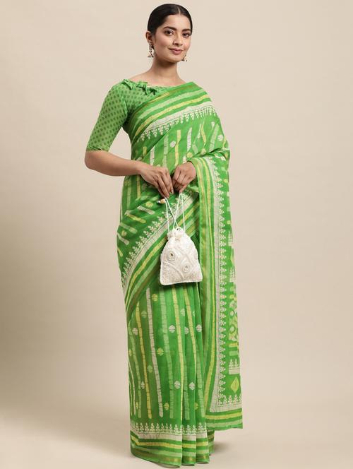 green cotton blend printed saree with blouse - 18223452 - Very Small Image - 1