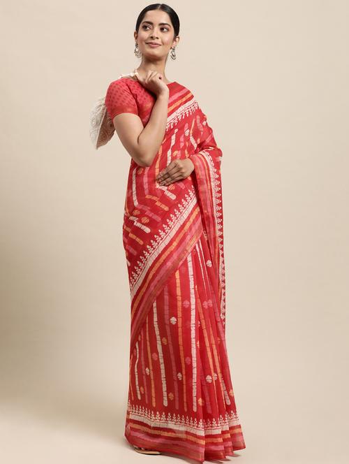 women's stripes red colored saree with blouse - 18223453 - Very Small Image - 1