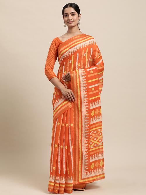 orange cotton blend printed saree with blouse - 18223455 - Very Small Image - 1