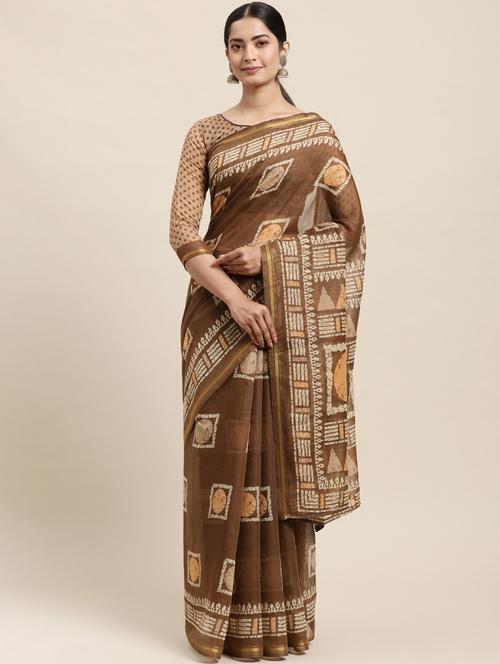 brown cotton blend printed saree with blouse - 18223559 - Very Small Image - 1