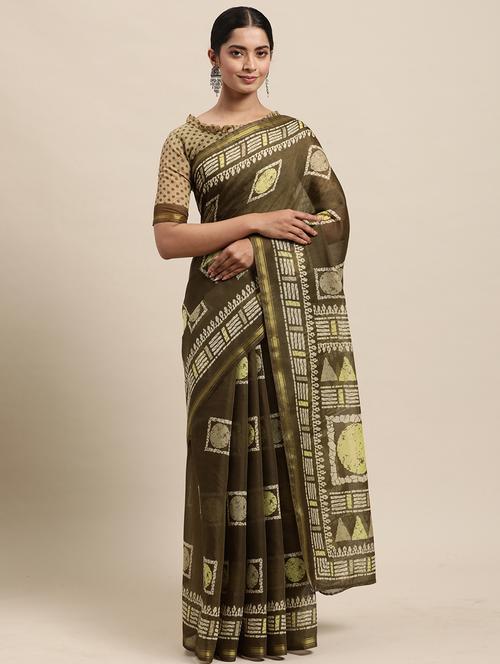 women's batik olive colored saree with blouse - 18223560 - Very Small Image - 1