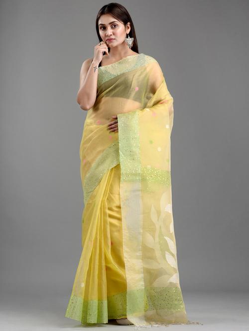 yellow handloom saree - 18223583 - Very Small Image - 1