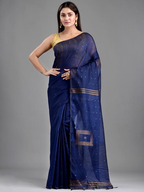 navy blue handloom saree with blouse - 18223587 - Very Small Image - 1