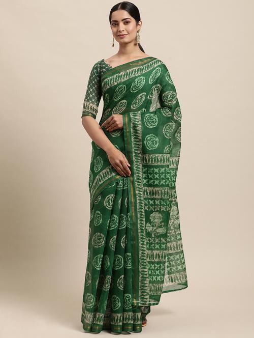 women's printed green colored saree with blouse - 18223672 - Very Small Image - 1