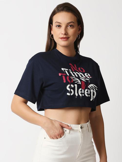 dark blue printed round neck crop t-shirt - 18224363 - Very Small Image - 1