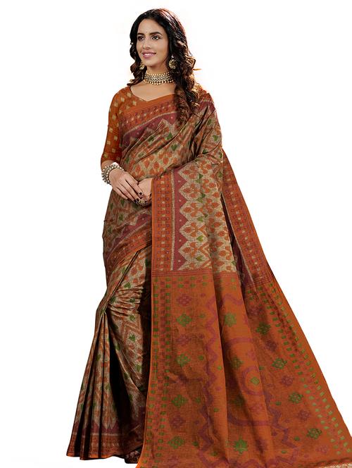 orange cotton printed saree with blouse - 18224717 - Very Small Image - 1