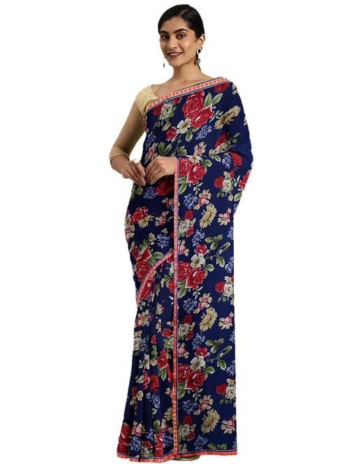 blue chiffon printed saree with blouse - 18225169 - Very Small Image - 1