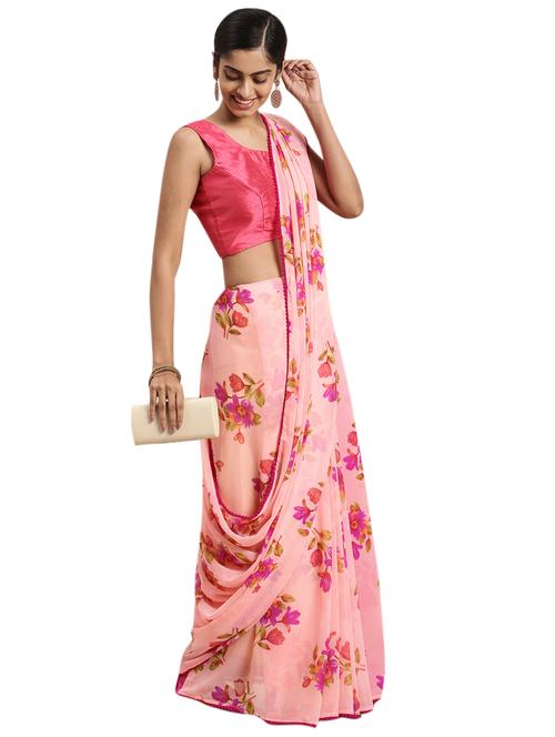 pink georgette printed saree with blouse - 18225320 - Very Small Image - 1