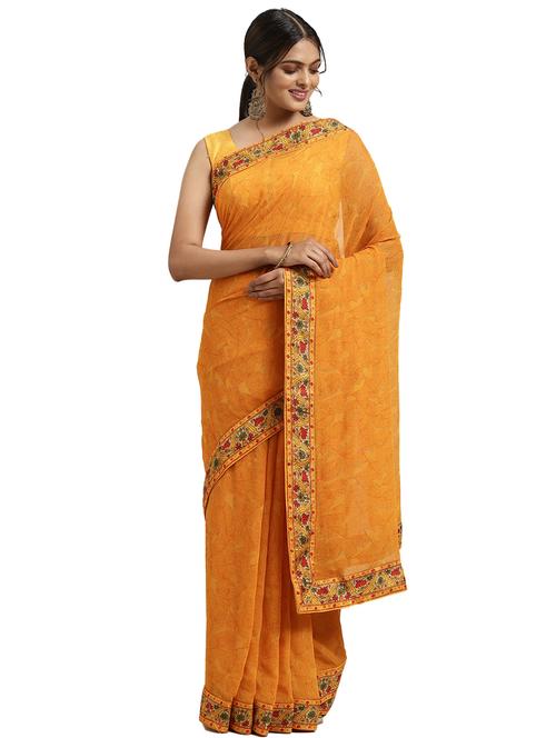 yellow georgette printed saree with blouse - 18225450 - Very Small Image - 1