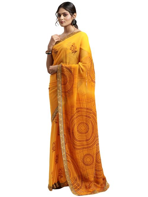 yellow georgette printed saree with blouse - 18225584 - Very Small Image - 1